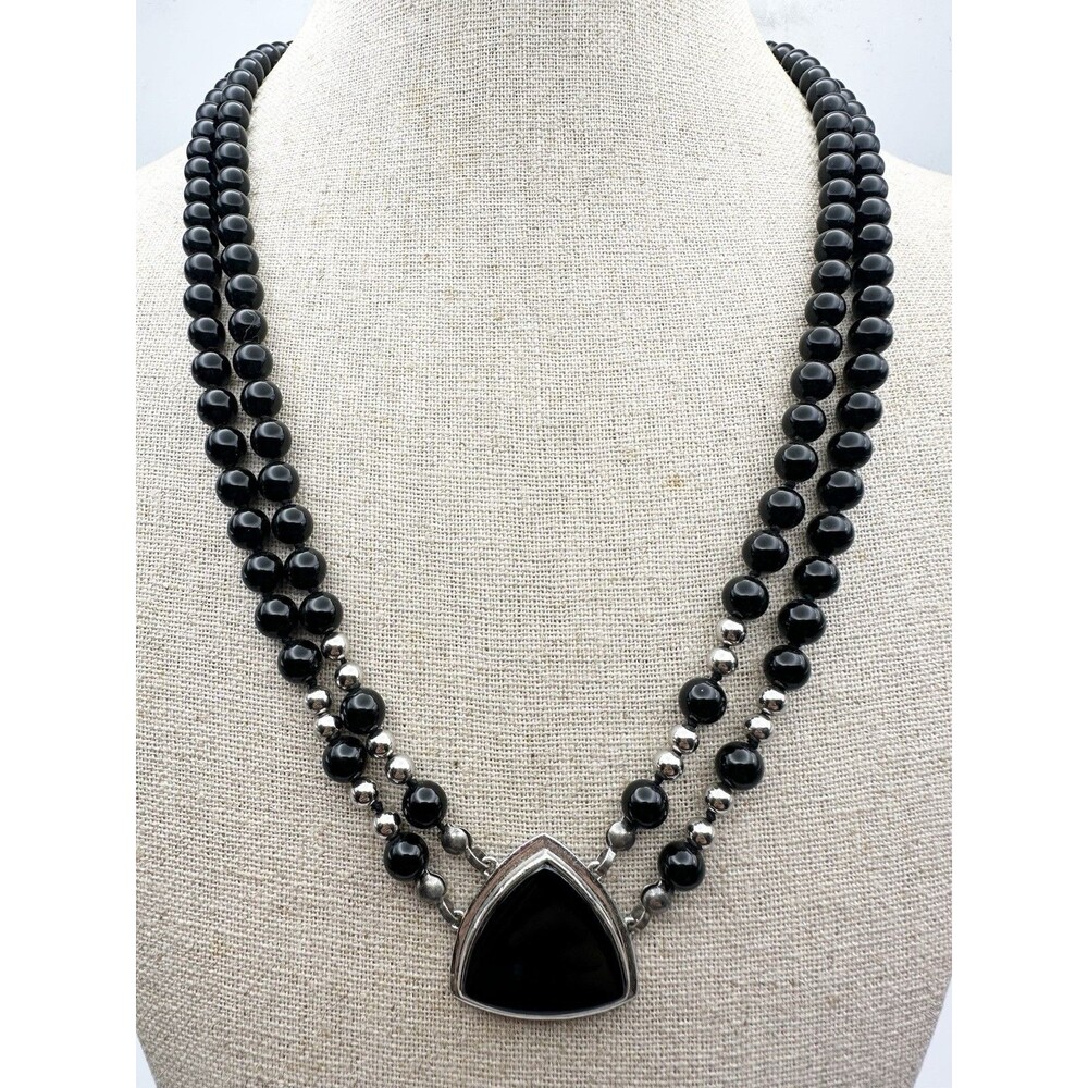 Vintage Sterling Silver Black Onyx Bead Pendant Necklace Double Layered 21”